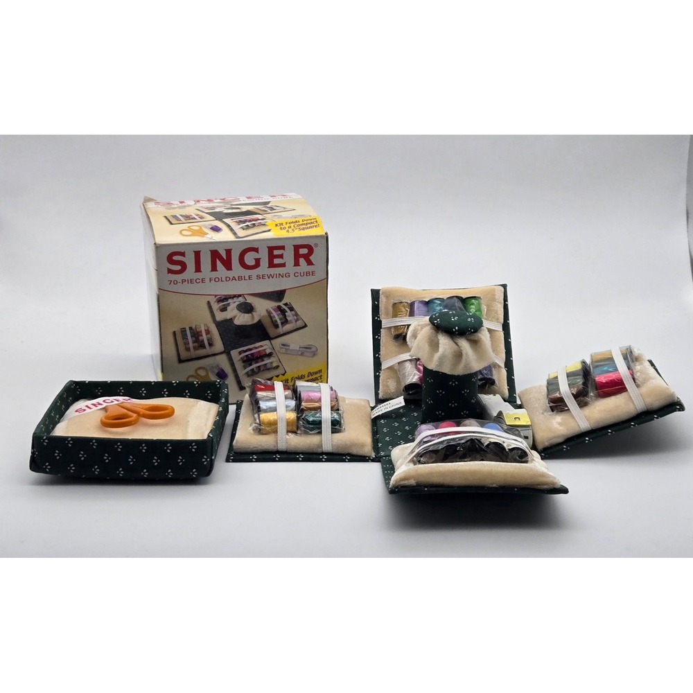 Singer 70-Piece Foldable Sewing Cube Green Floral Travel Kit Fabric New